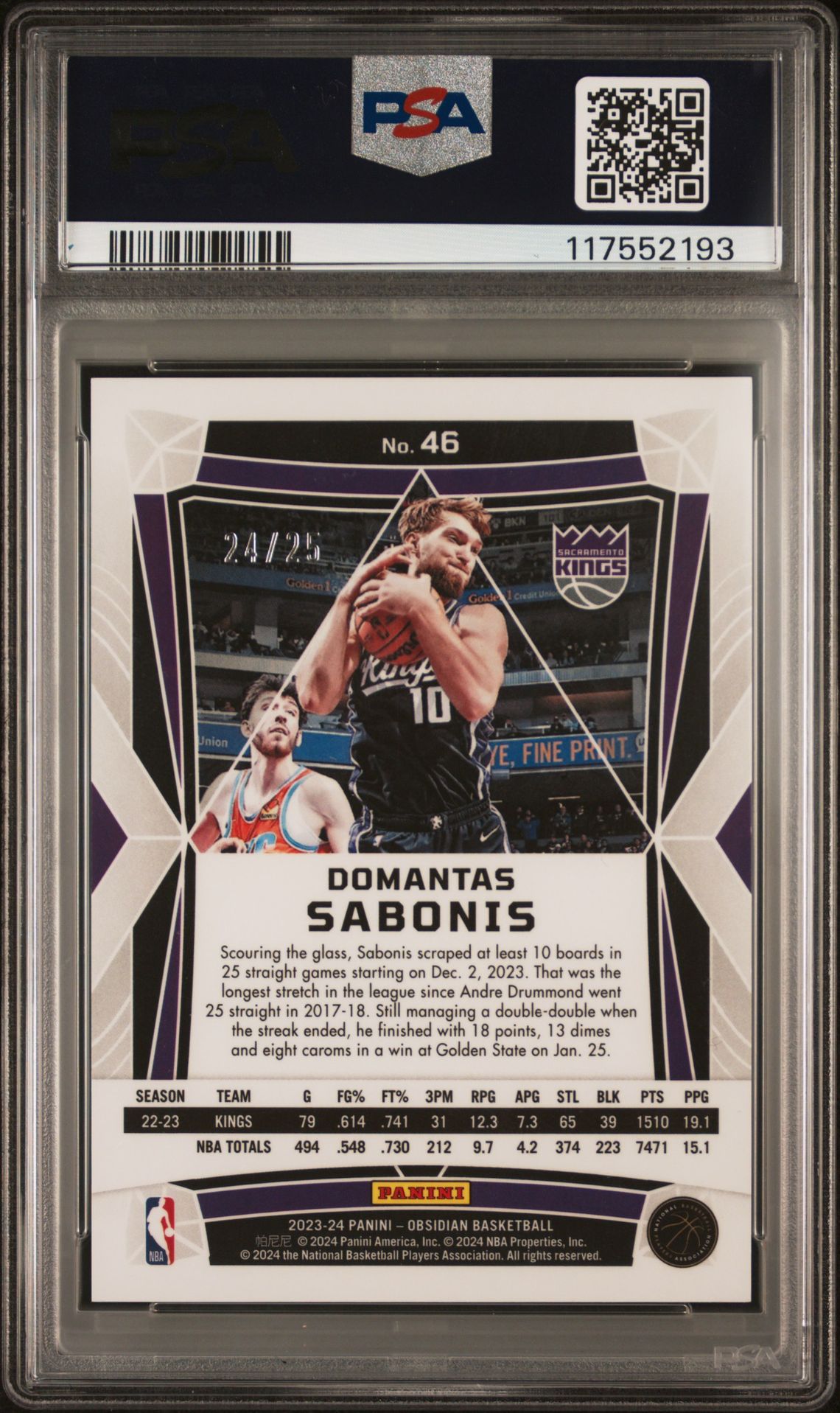 2023 Panini Obsidian Domantas Sabonis #46 (Electric Etch Green Flood) Gem Mt 10 back