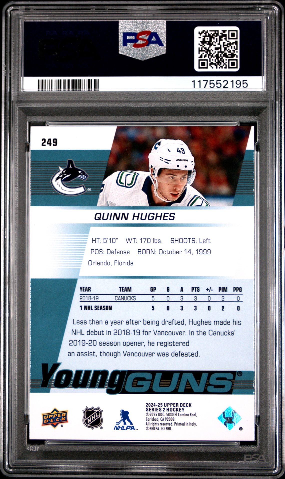 2024 Upper Deck Young Guns Renewed Quinn Hughes #249 Mint 9 back