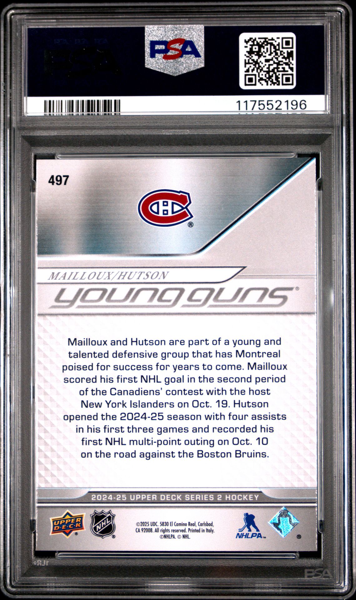 2024 Upper Deck Mailloux/Hutson #497 Mint 9 back