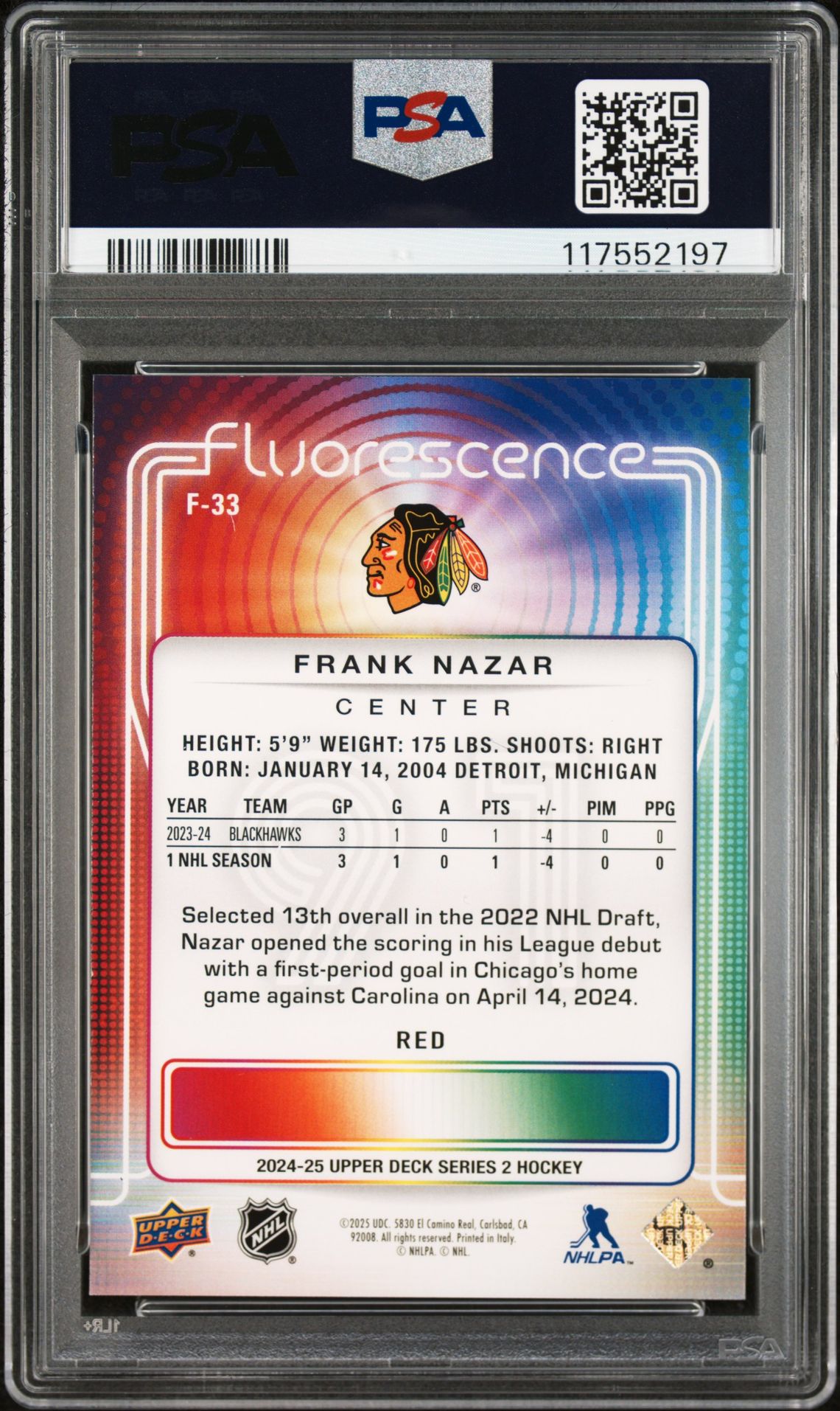 2024 Upper Deck Fluorescence Frank Nazar #F33 Mint 9 back