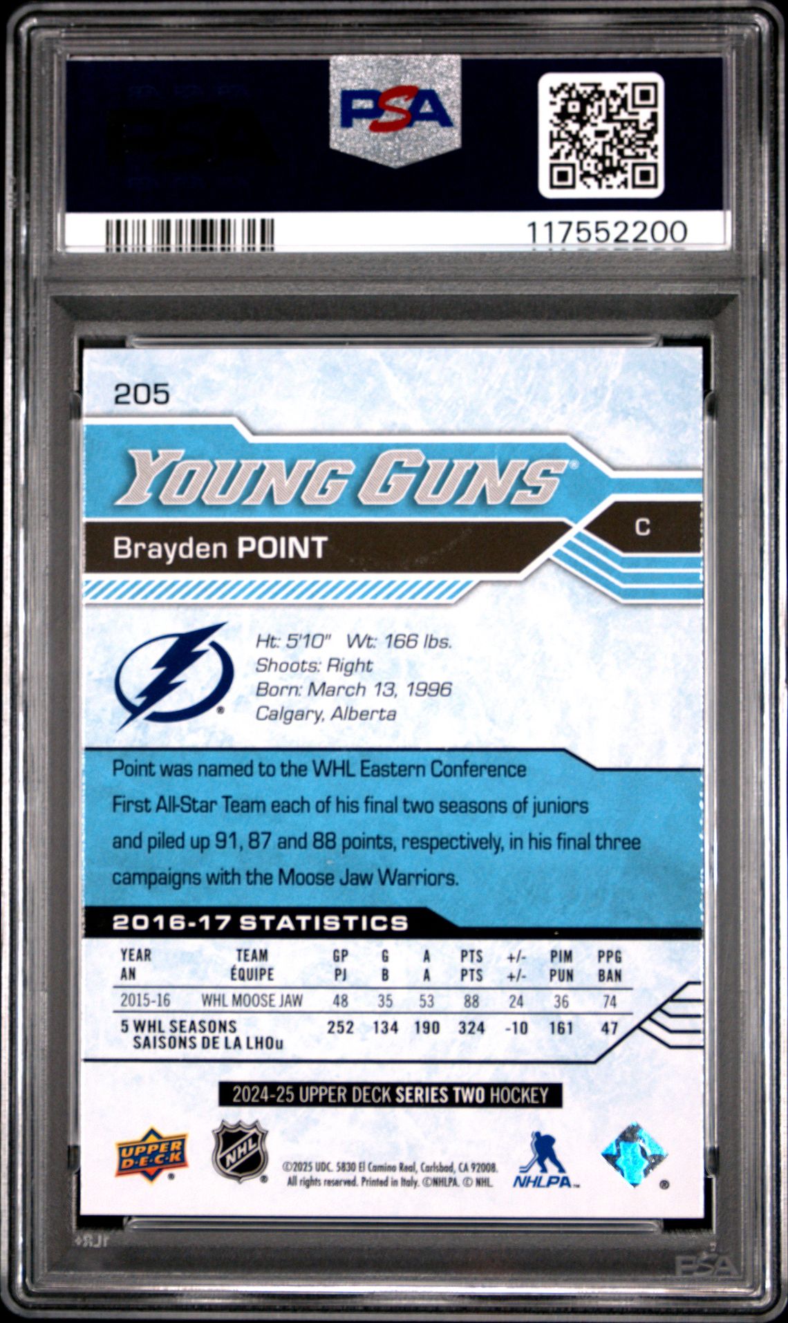 2024 Upper Deck Young Guns Renewed Brayden Point #205 Gem Mt 10 back