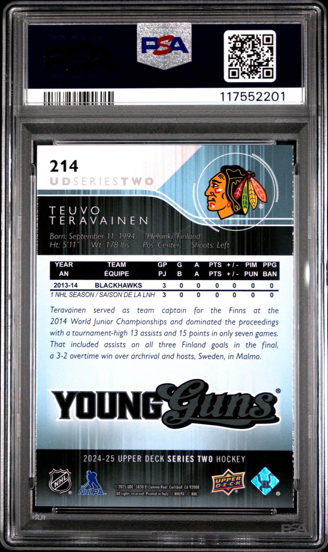 2024 Upper Deck Young Guns Renewed Teuvo Teravainen #214 Mint 9 back