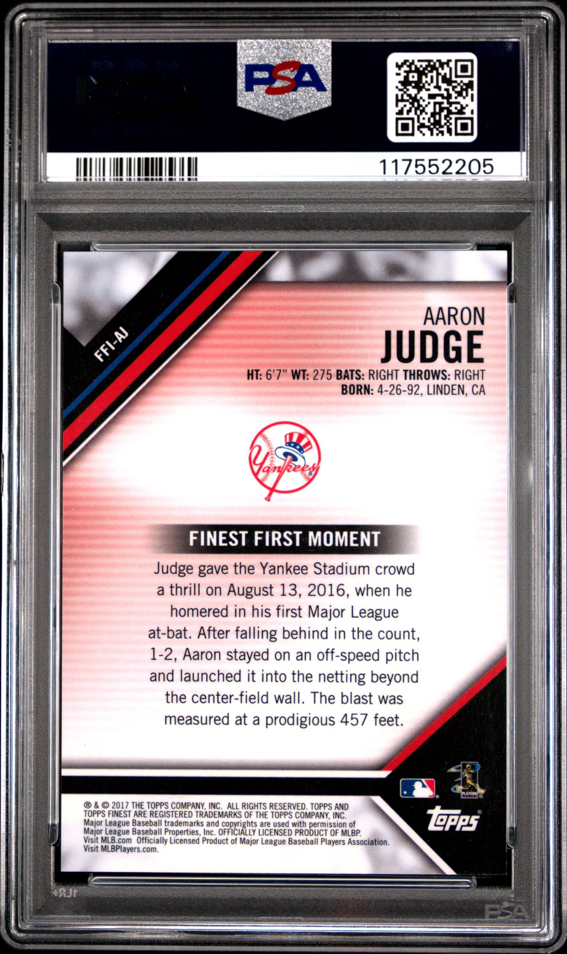 2017 Finest Finest Firsts Aaron Judge #Ffiaj (Finest Firsts) Mint 9 back