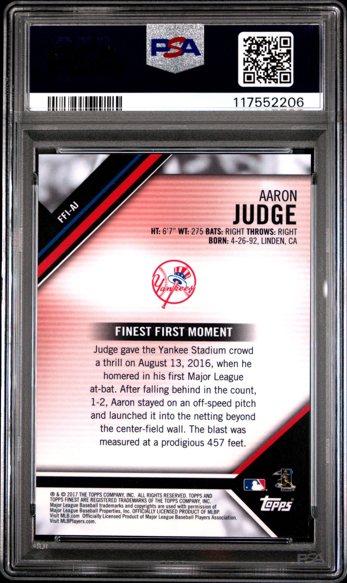 2017 Finest Finest Firsts Aaron Judge #Ffiaj (Finest Firsts) Gem Mt 10 back