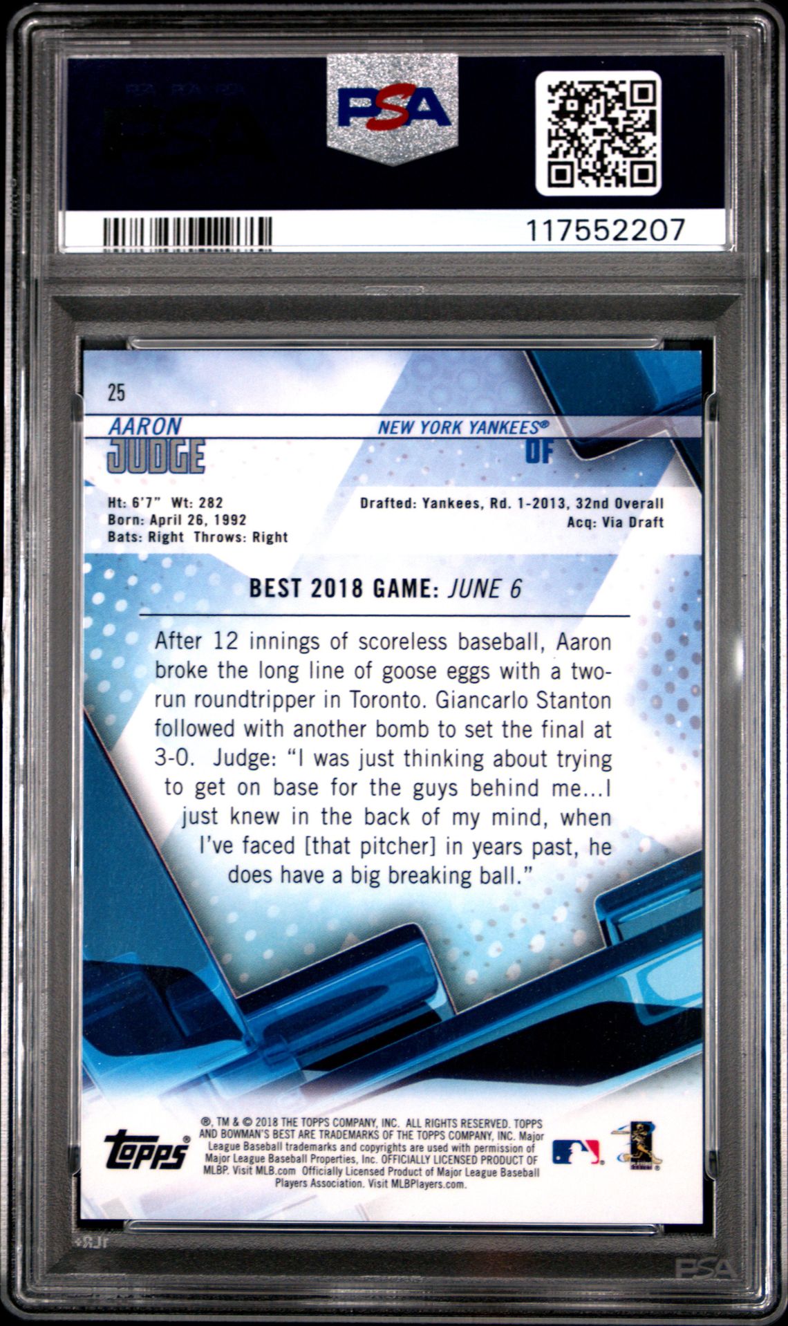 2018 Bowman's Best Aaron Judge #25 (Purple Refractor) Mint 9 back