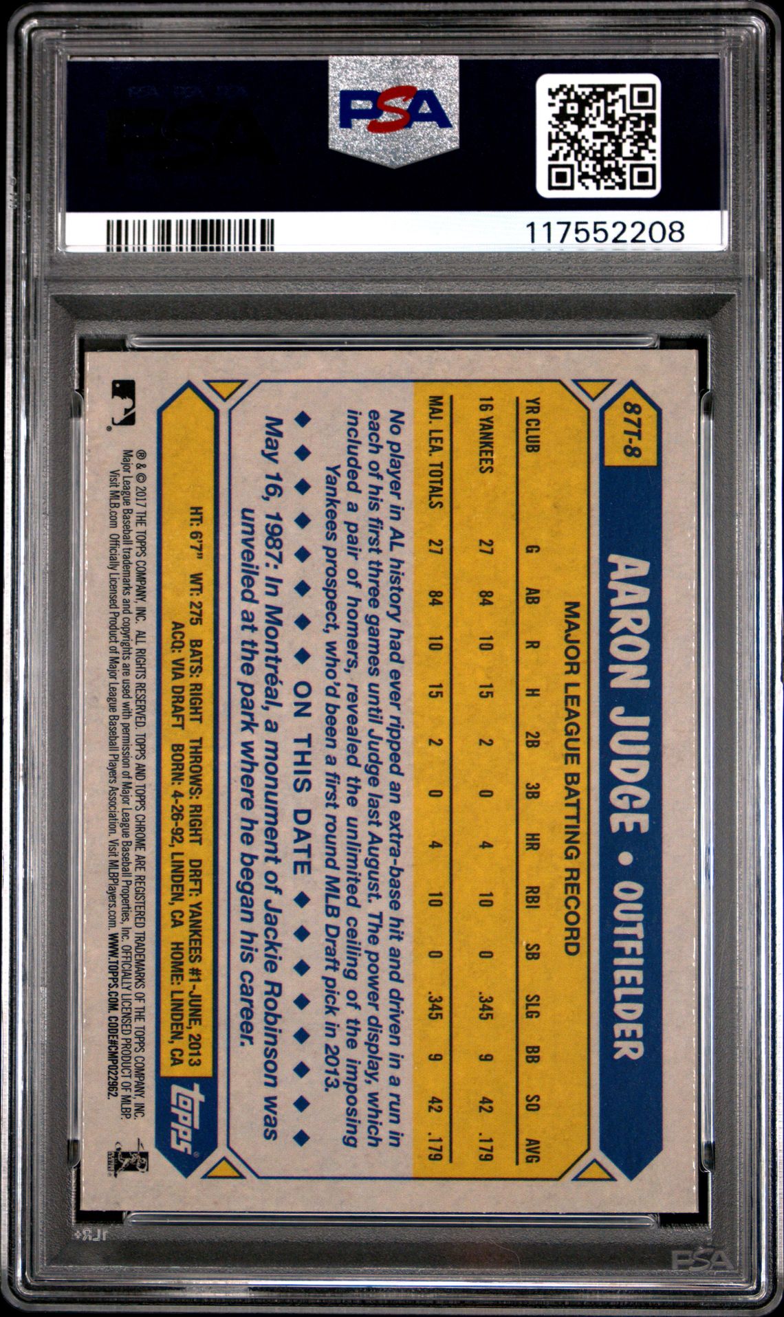 2017 Topps Chrome 1987 Topps Aaron Judge #87T8 (1987 Topps) Mint 9 back