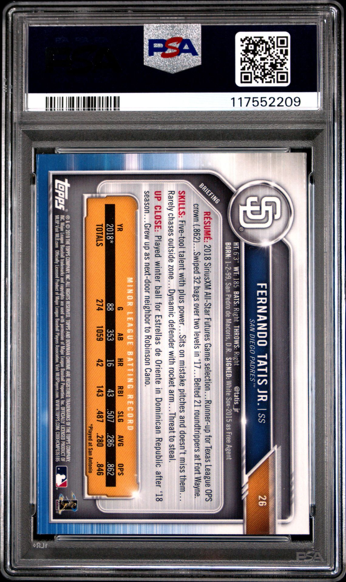 2019 Bowman Chrome Fernando Tatis Jr. #26 Mint 9 back