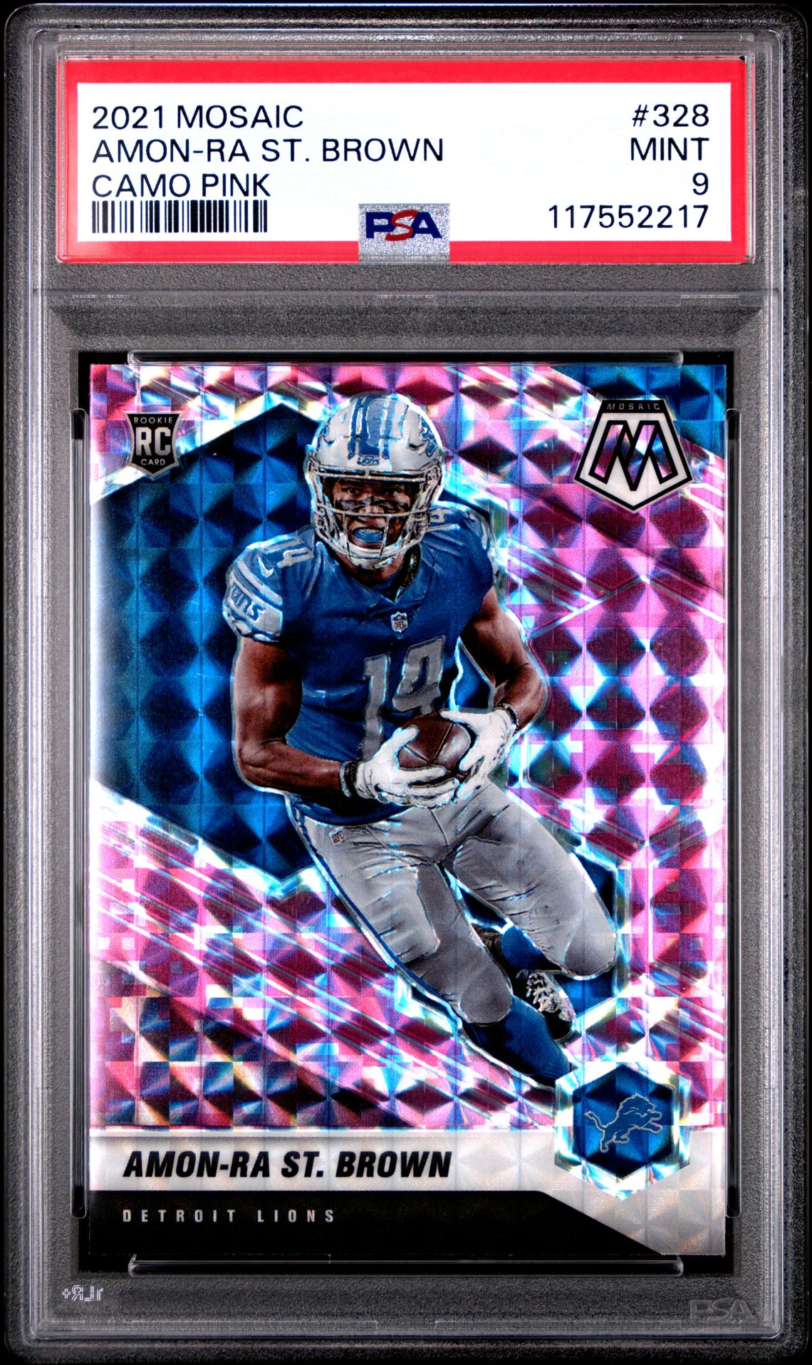 2021 Panini Mosaic Amon-Ra St. Brown #328 (Camo Pink) Mint 9 front