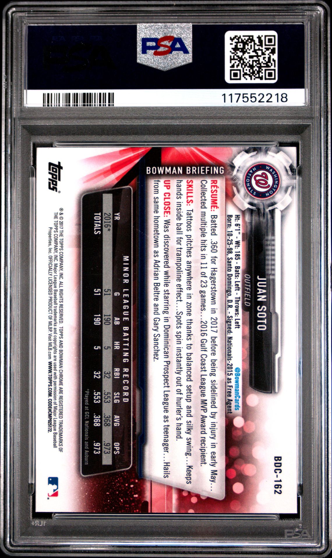 2017 Bowman Draft Juan Soto #Bdc162 (Chrome) Gem Mt 10 back