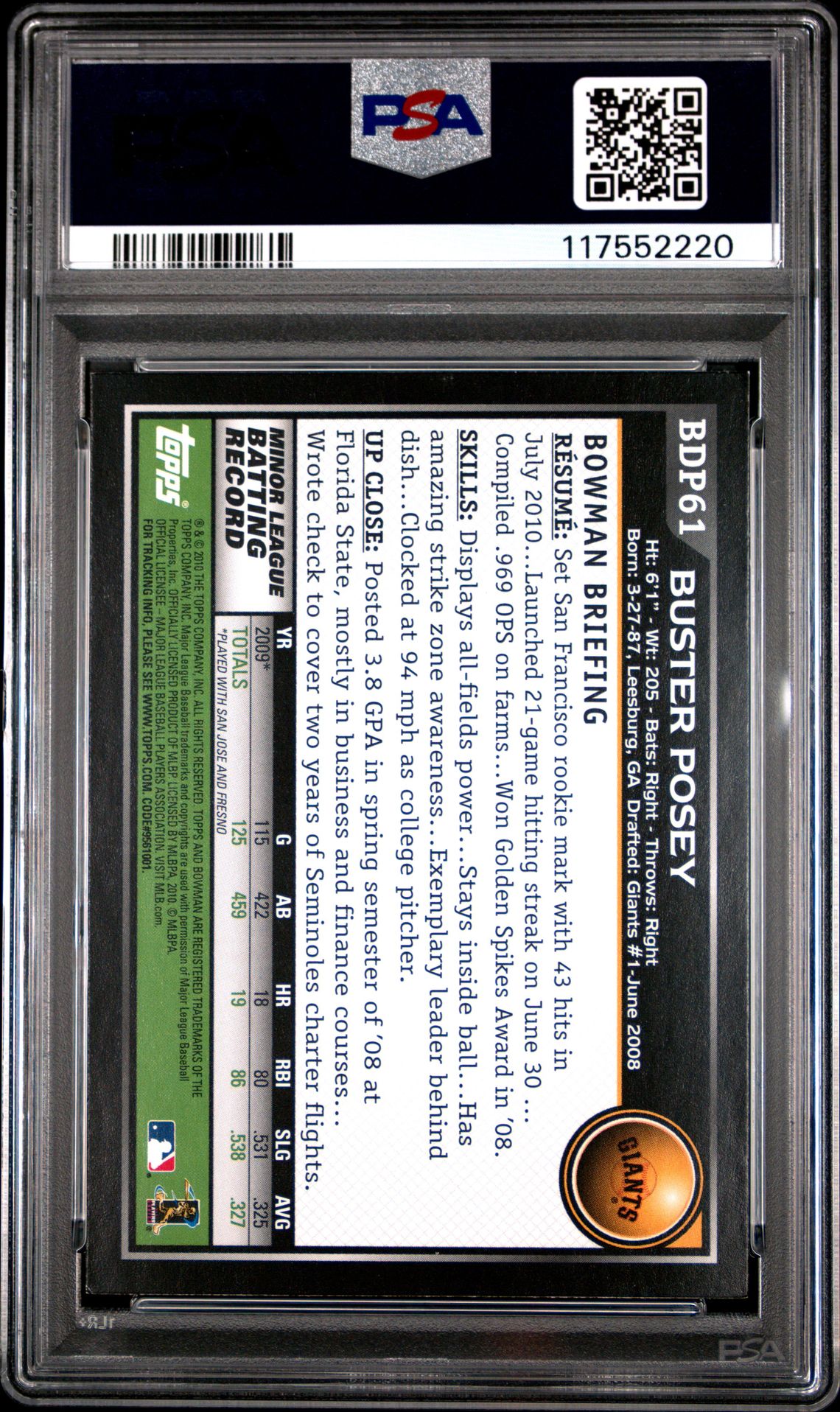 2010 Bowman Draft Picks Buster Posey #Bdp61 (Draft Picks) Nm-Mt 8 back