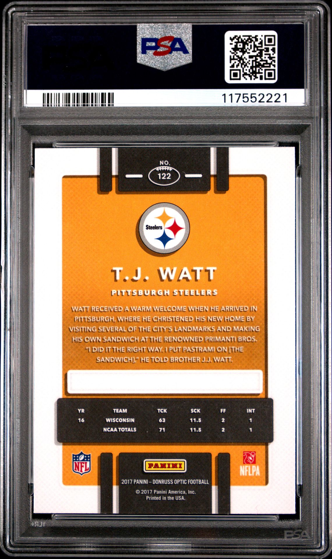 2017 Panini Donruss Optic T.j. Watt #122 Mint 9 back