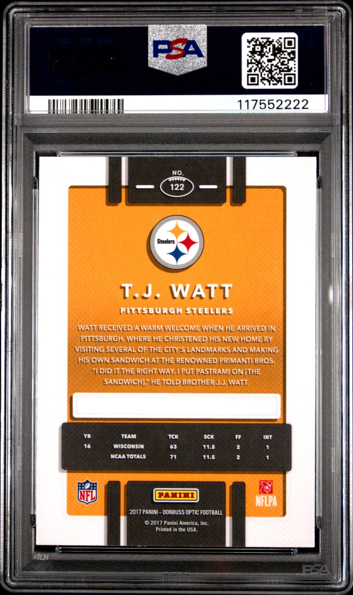 2017 Panini Donruss Optic T.j. Watt #122 Mint 9 back