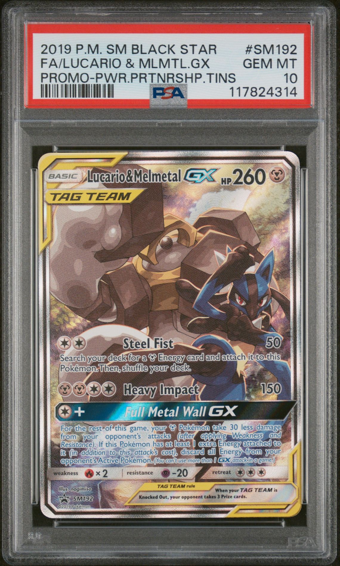 2019 Pokemon Sm Black Star Promo Fa/Lucario & Mlmtl.gx #Sm192 (Promo-Pwr.prtnrshp.tins) Gem Mt 10 front