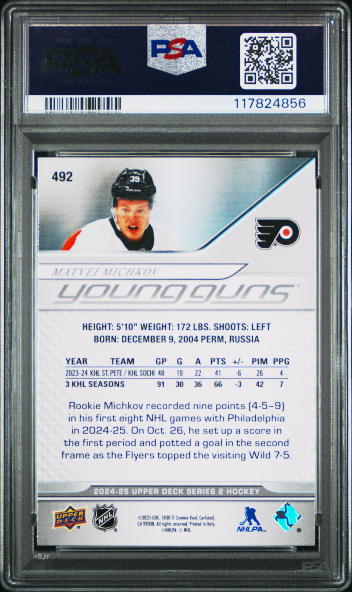 2024 Upper Deck Matvei Michkov #492 Gem Mt 10 back