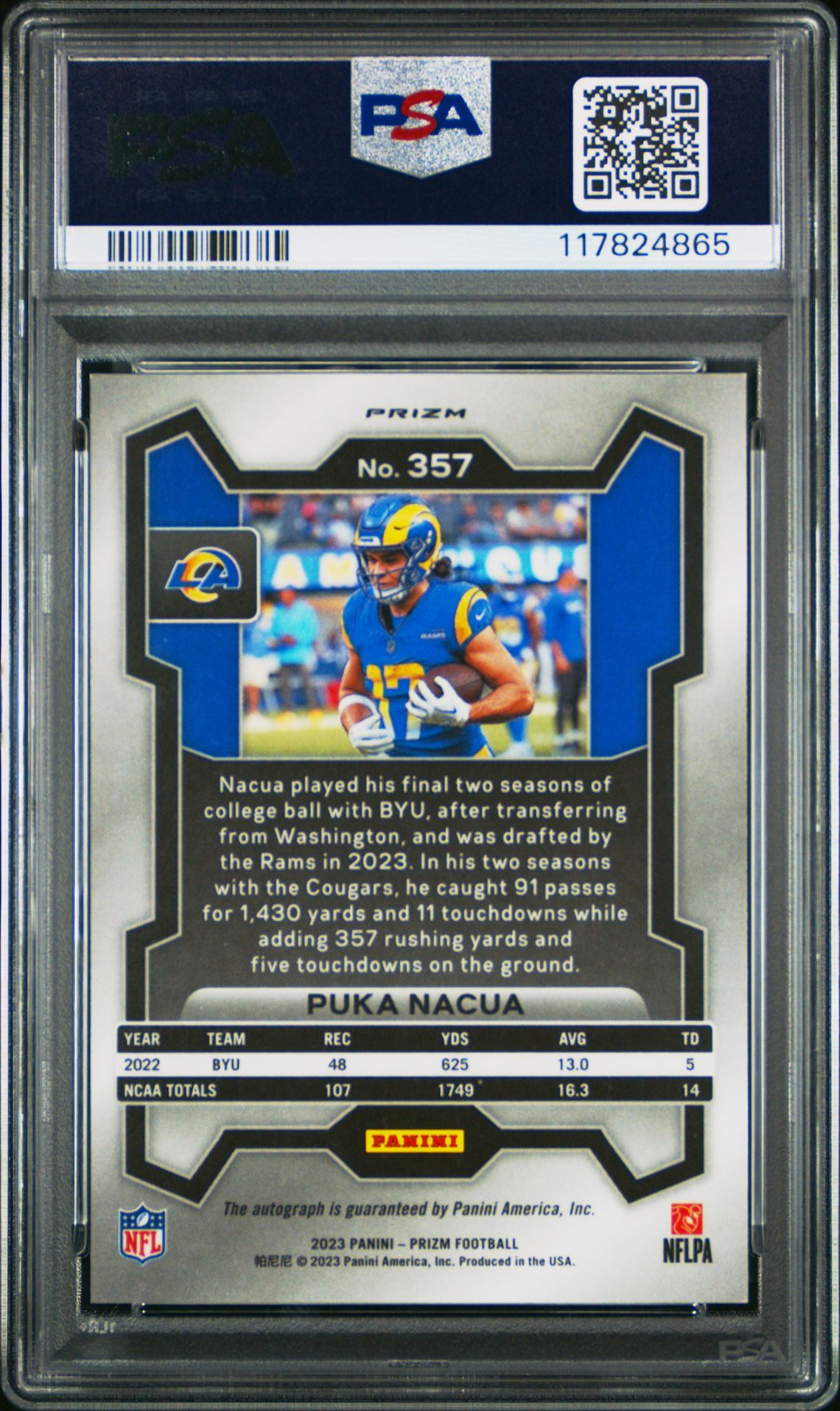 2023 Panini Prizm Puka Nacua #357 (Autograph-Pink Prizm) Gem Mt 10 back