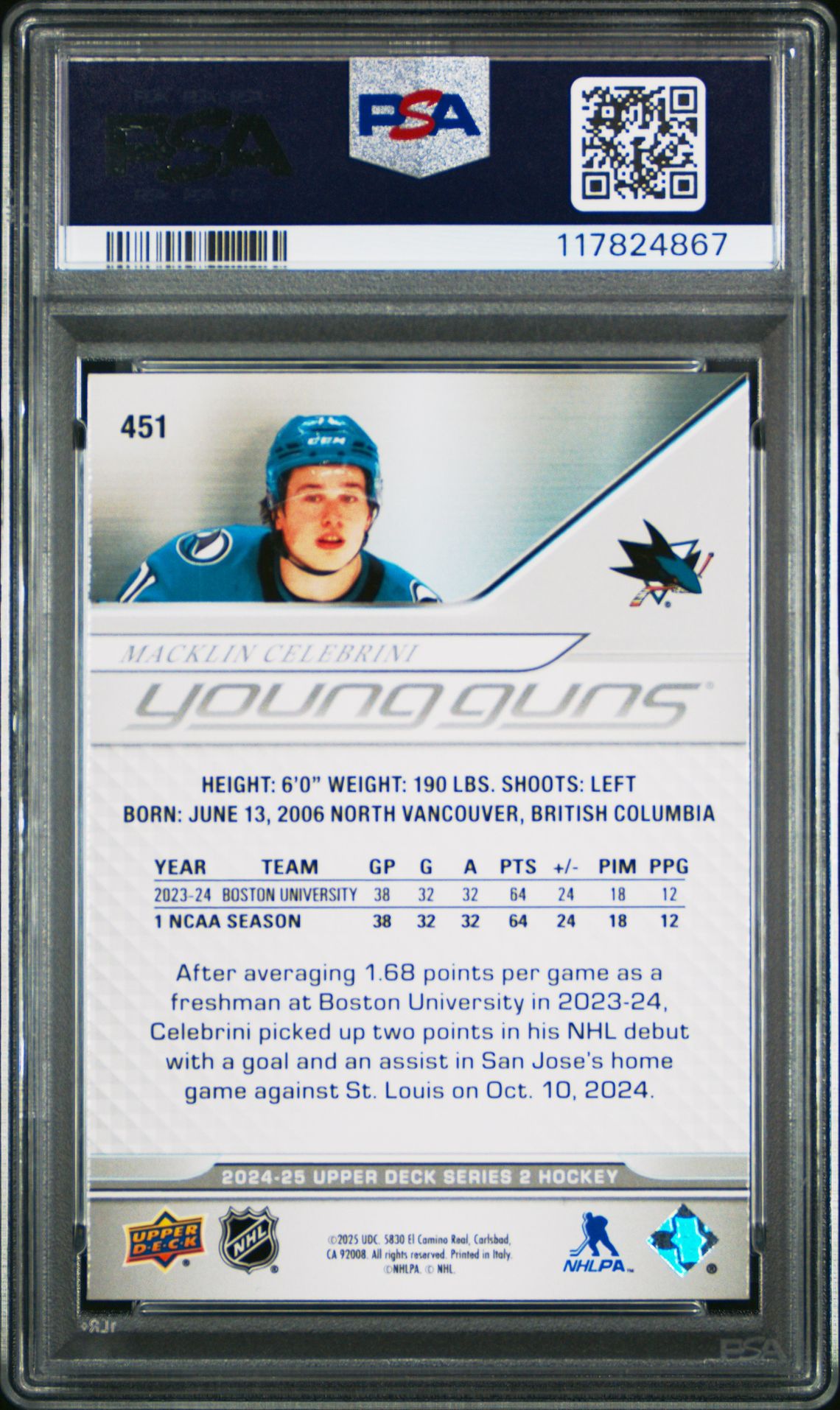 2024 Upper Deck Macklin Celebrini #451 Gem Mt 10 back