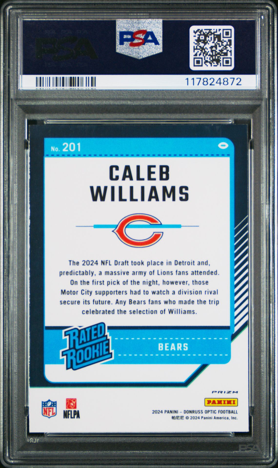 2024 Panini Donruss Optic Caleb Williams #201 (Blue Scope) Gem Mt 10 back