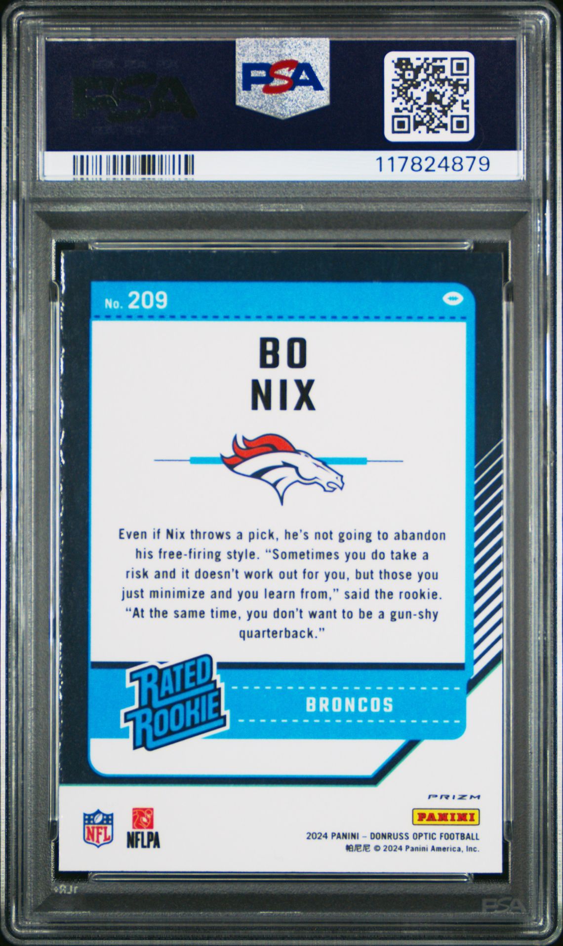 2024 Panini Donruss Optic Bo Nix #209 (Purple Shock) Gem Mt 10 back
