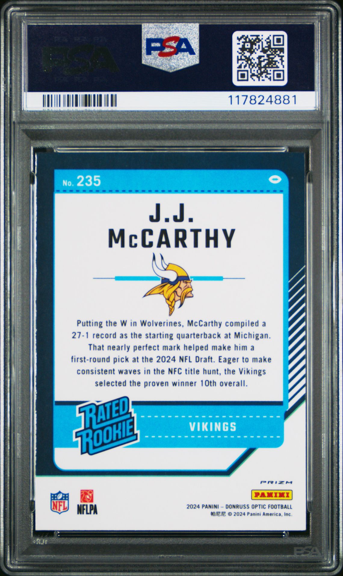 2024 Panini Donruss Optic Jj Mccarthy #235 (Blue Scope) Gem Mt 10 back