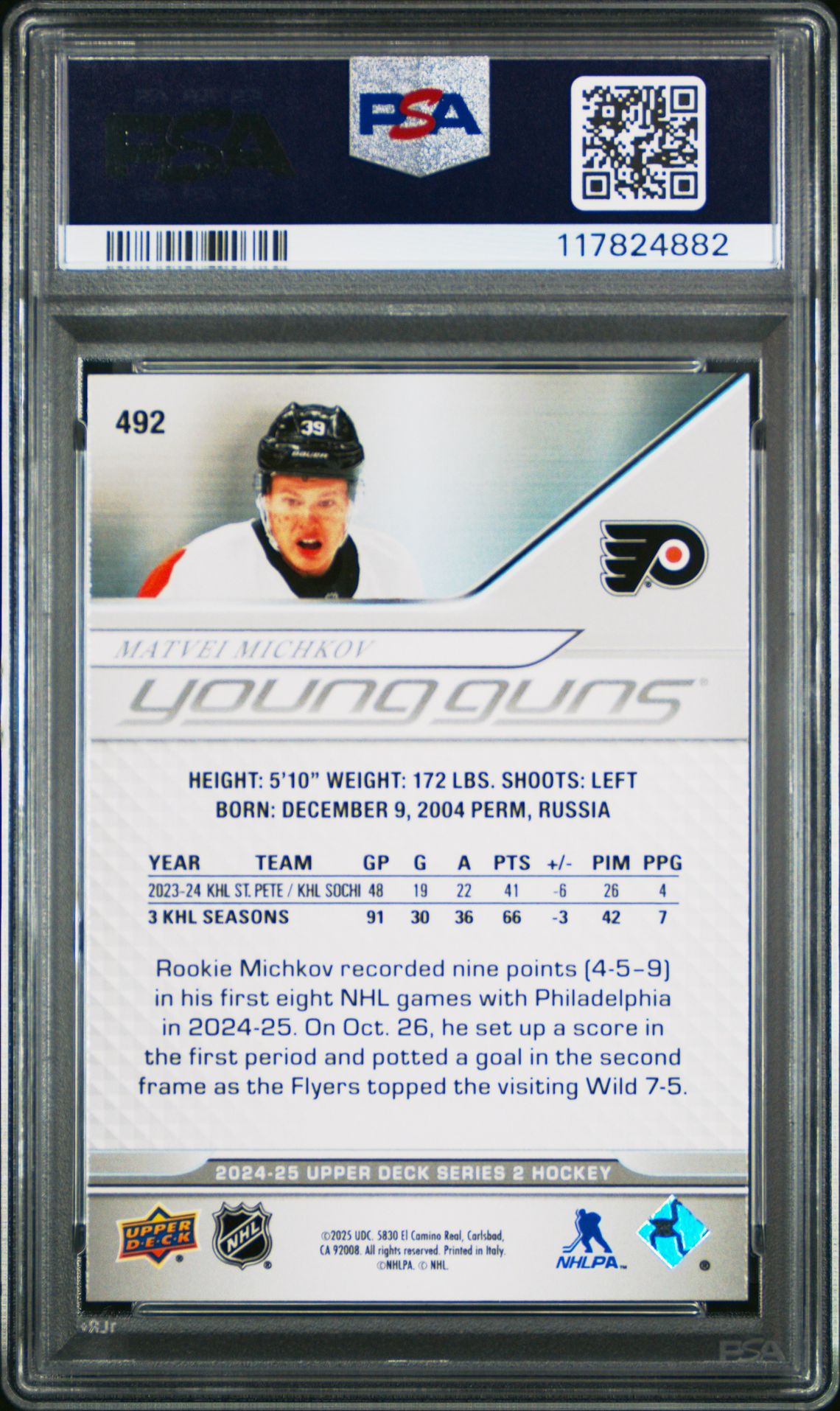 2024 Upper Deck Matvei Michkov #492 Gem Mt 10 back