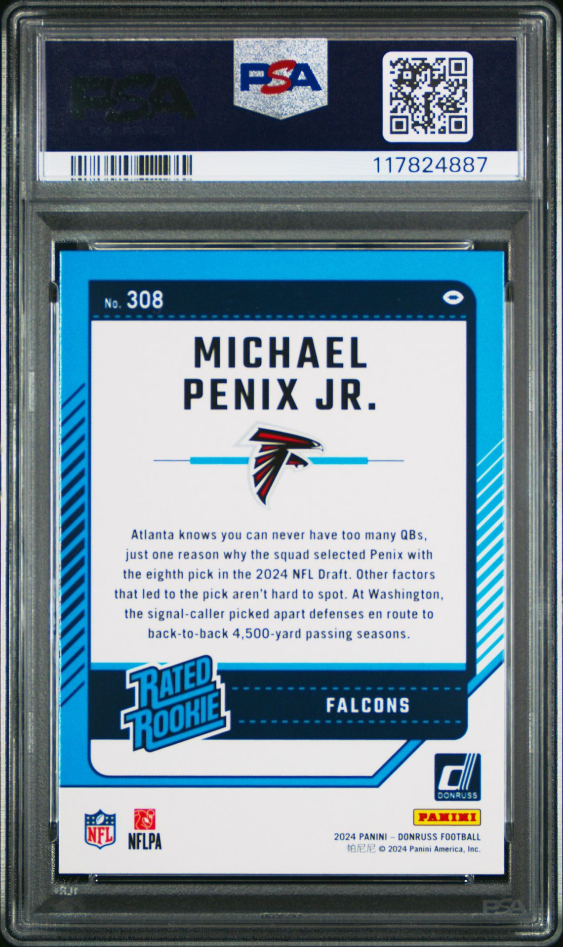 2024 Panini Donruss Michael Penix Jr. #308 (Press Proof Yellow) Gem Mt 10 back