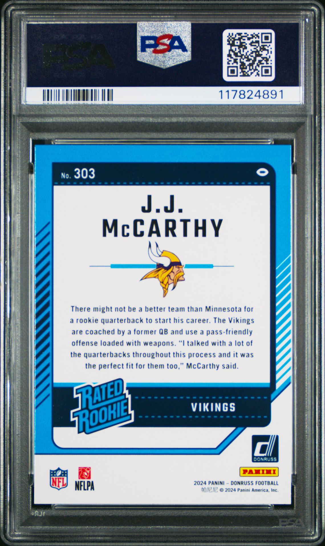 2024 Panini Donruss Jj Mccarthy #303 (Press Proof Yellow) Mint 9 back