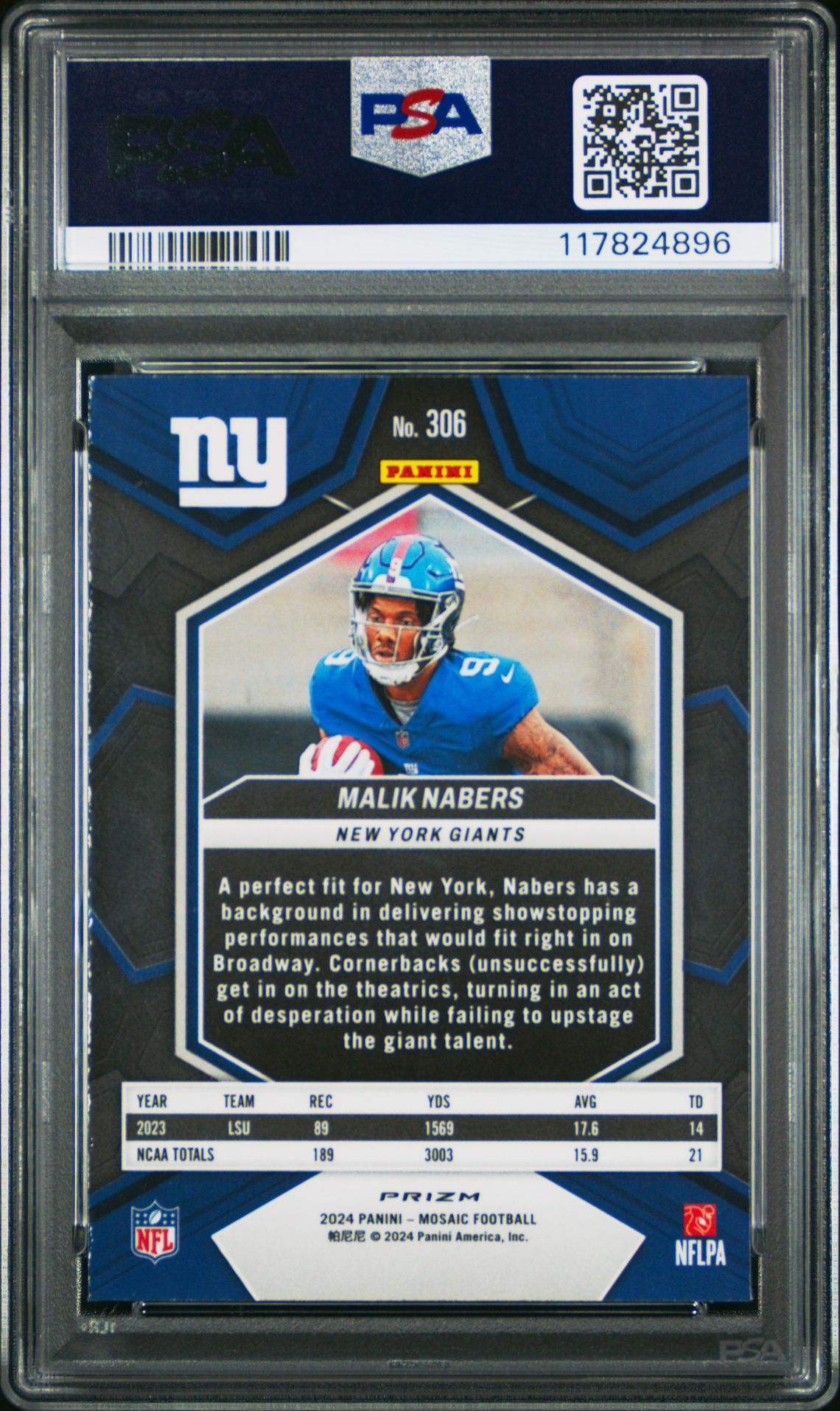 2024 Panini Mosaic Malik Nabers #306 (Camo Pink) Gem Mt 10 back