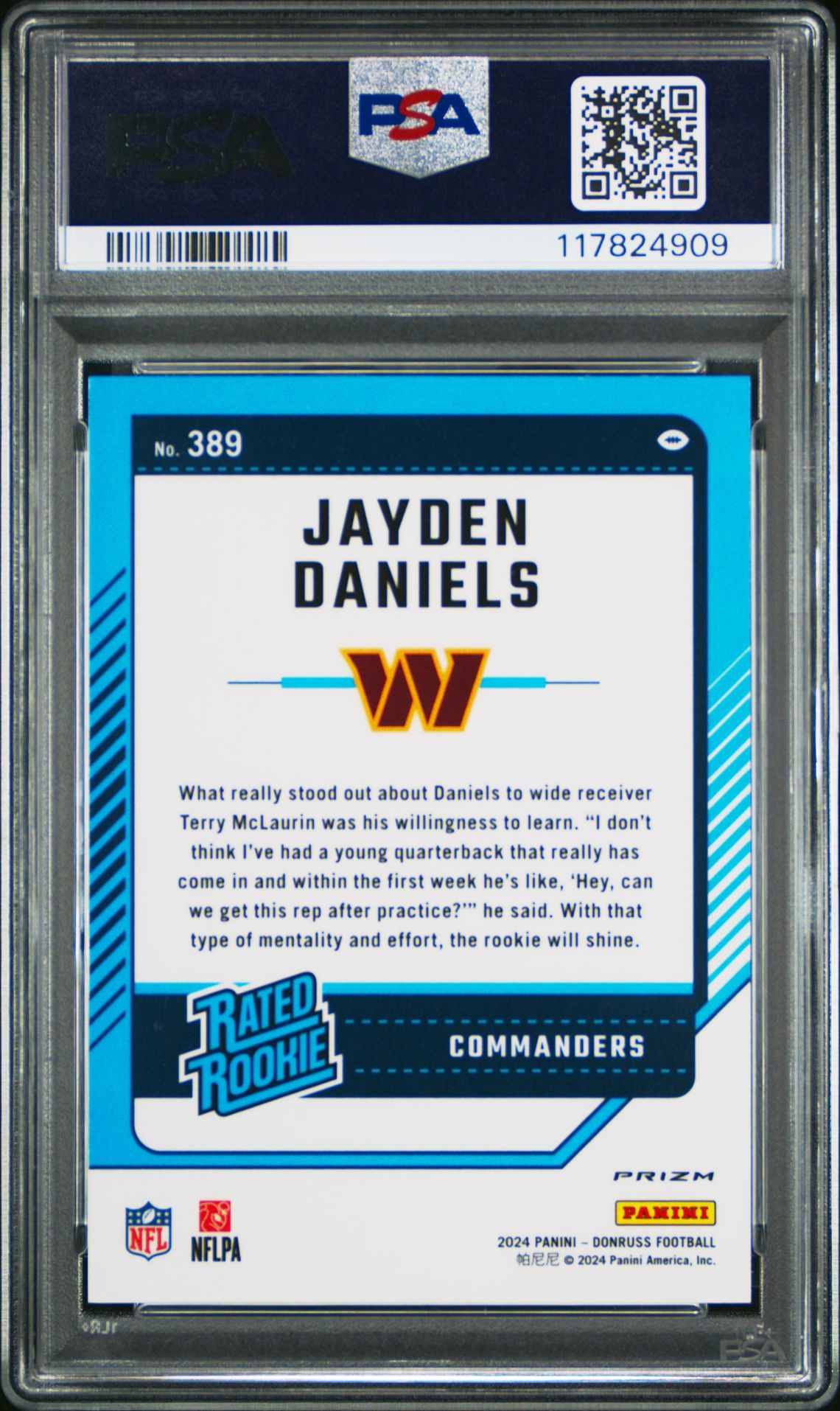 2024 Panini Donruss Jayden Daniels #389 (Optic Preview-Pink) Gem Mt 10 back