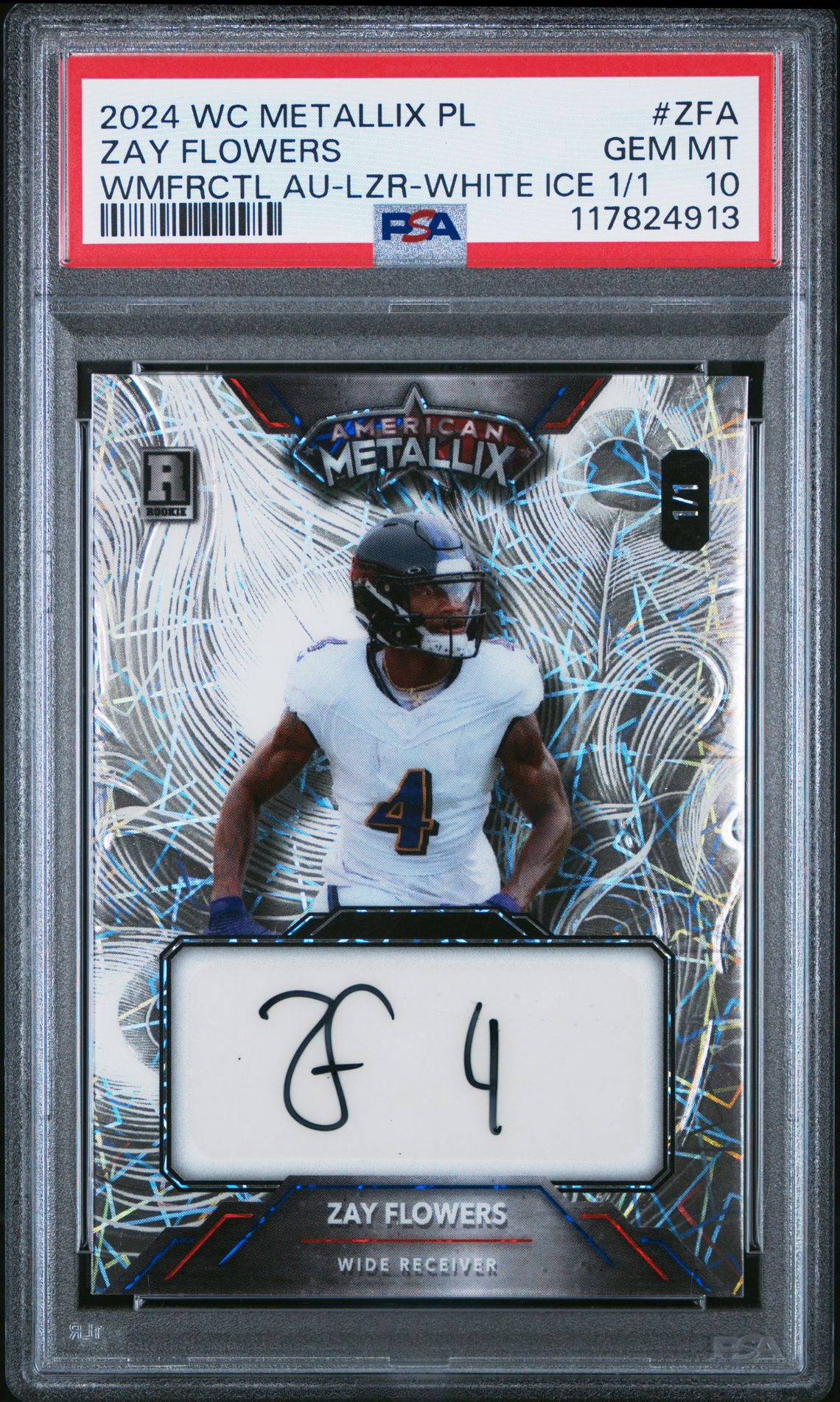 2024 Wild Card American Metallix Hobby Pro-Look Wildmegafractal Autographs Zay Flowers #Zfa (Wmfrctl Au-Lzr-White Ice 1/1) Gem Mt 10 front
