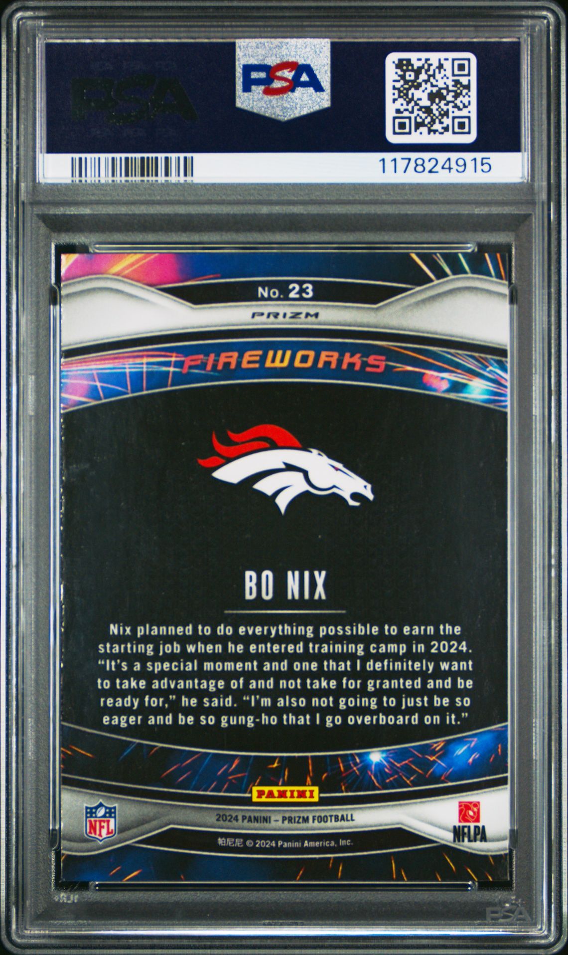 2024 Panini Prizm Fireworks Bo Nix #23 (Fireworks-Green Ice) Gem Mt 10 back