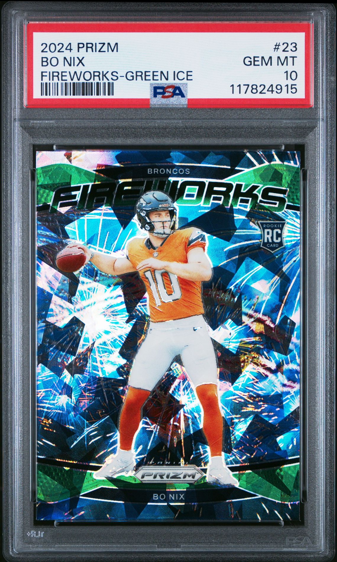2024 Panini Prizm Fireworks Bo Nix #23 (Fireworks-Green Ice) Gem Mt 10 front