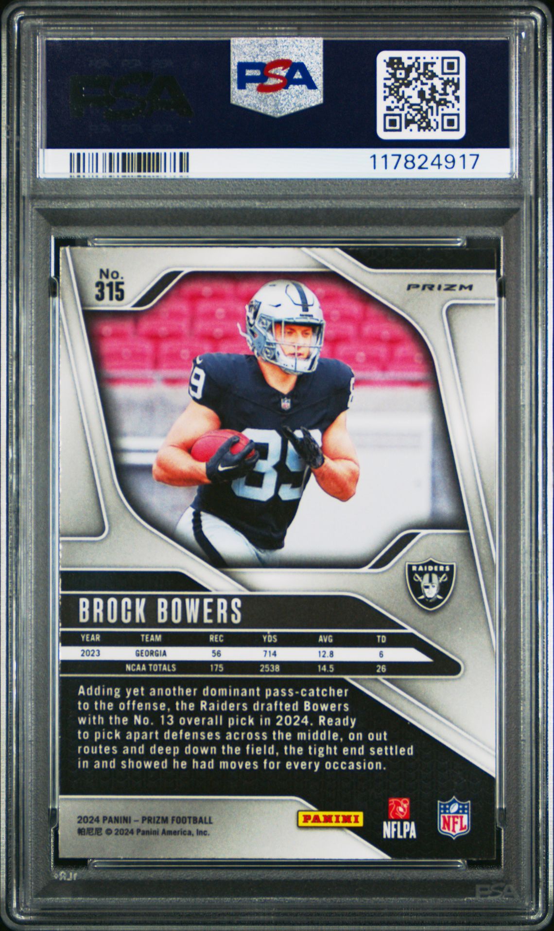 2024 Panini Prizm Brock Bowers #315 (Silver Prizm) Mint 9 back