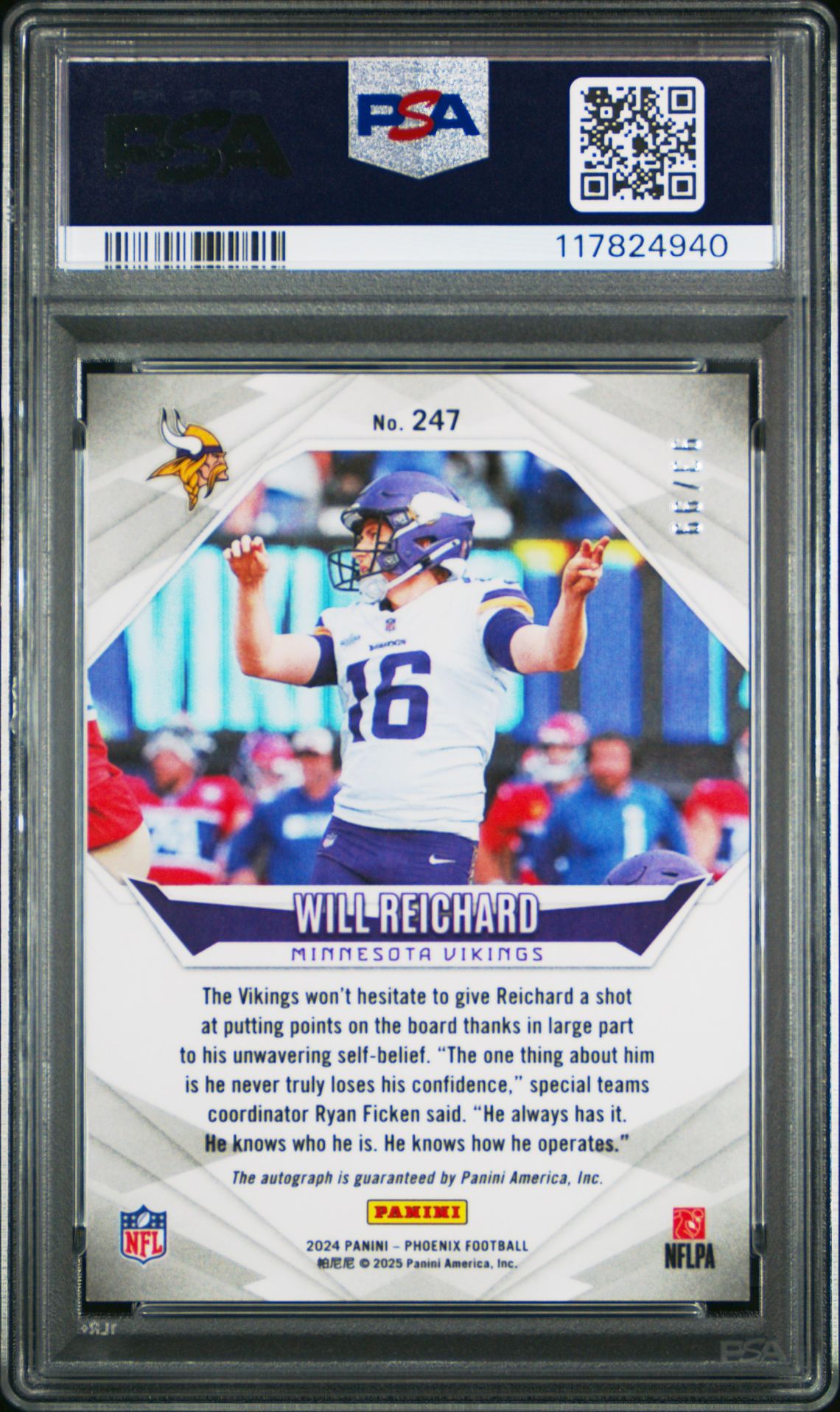 2024 Panini Phoenix Will Reichard #247 (Autograph-Red) Gem Mt 10 back