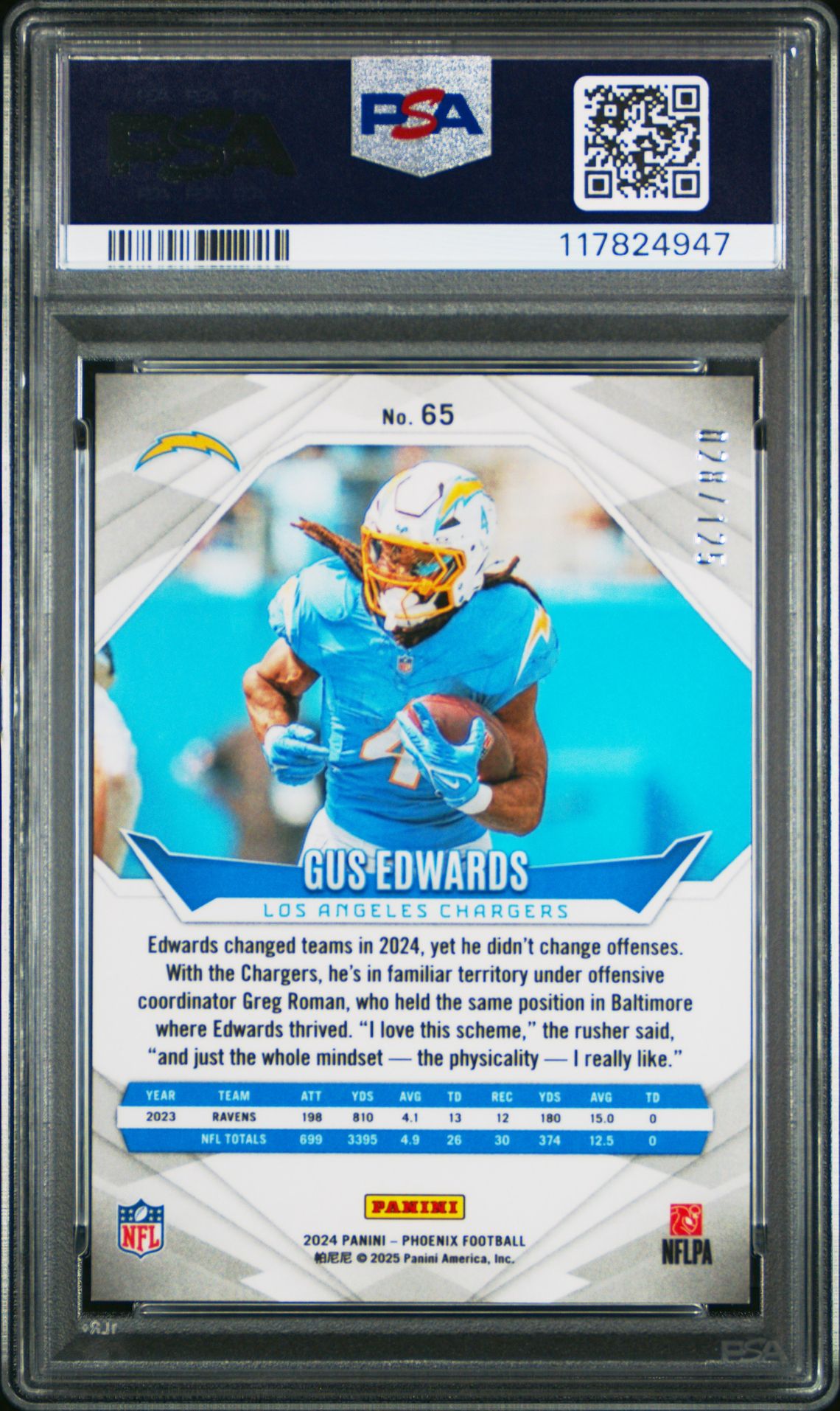 2024 Panini Phoenix Gus Edwards #65 (Gold Fade) Mint 9 back