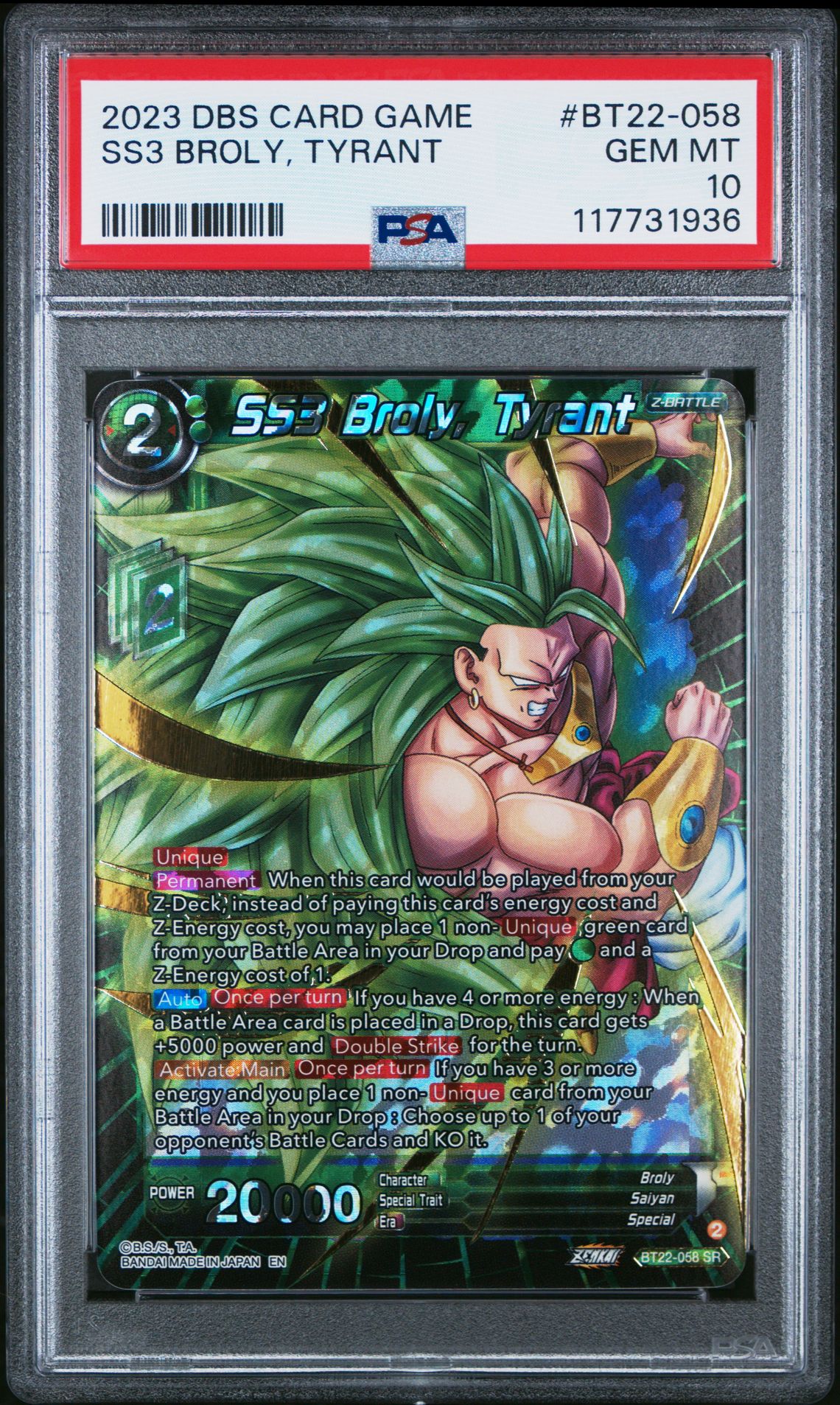 2023 Dragon Ball Super Card Game Series 22 Critical Blow Ss3 Broly, Tyrant #Bt22-058 Gem Mt 10 front