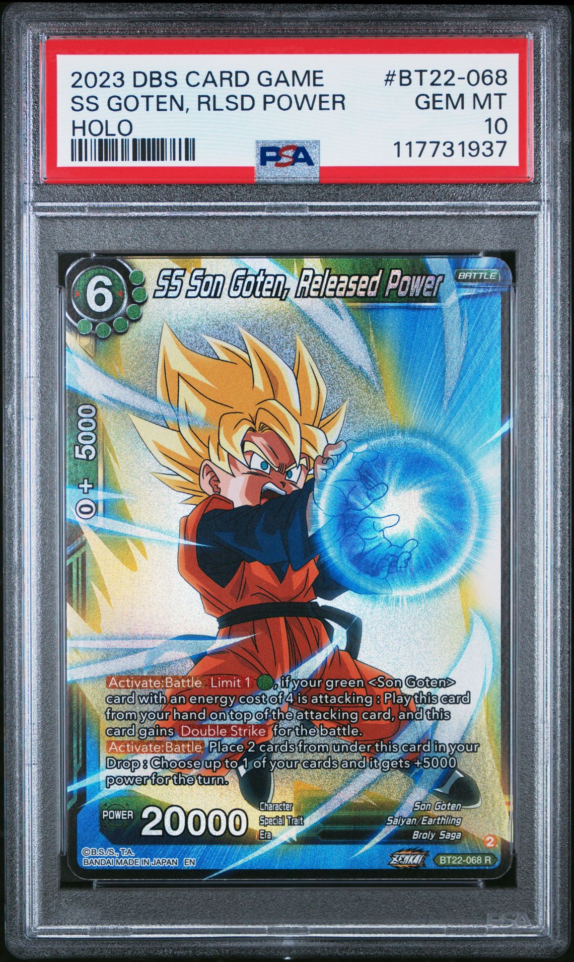 2023 Dragon Ball Super Card Game Series 22 Critical Blow Ss Goten, Rlsd Power #Bt22-068 (Holo) Gem Mt 10 front