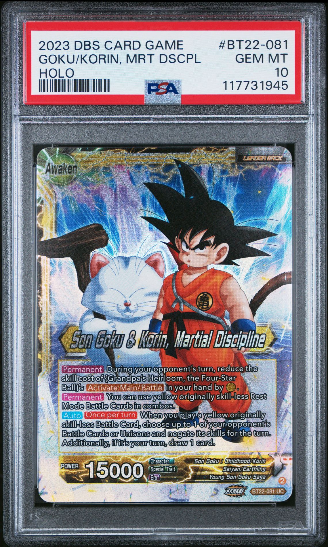 2023 Dragon Ball Super Card Game Series 22 Critical Blow Goku/Korin, Mrt Dscpl #Bt22-081 (Holo) Gem Mt 10 front