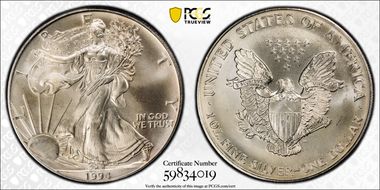 1994 $1 Silver Eagle MS64