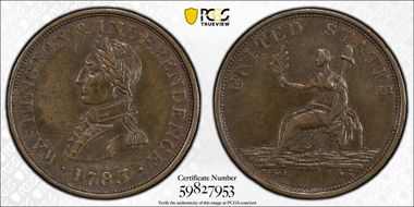 1783 Copper Washington & Independence Small Bust, Plain Edge AU50BN