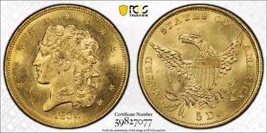 1836 $5 HM-3 MS63+