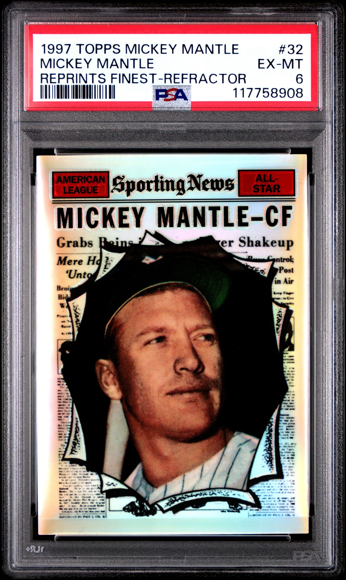 1997 Topps TOPPS MICKEY MANTLE REPRINTS FINEST REFRACTOR #32 Mickey Mantle front