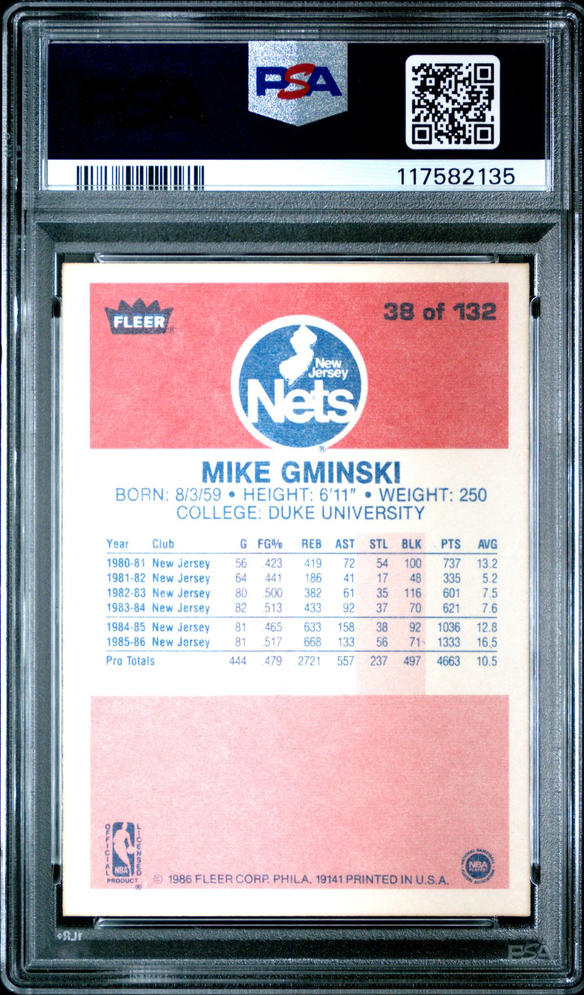 1986 Fleer Mike Gminski #38 Nm 7 back