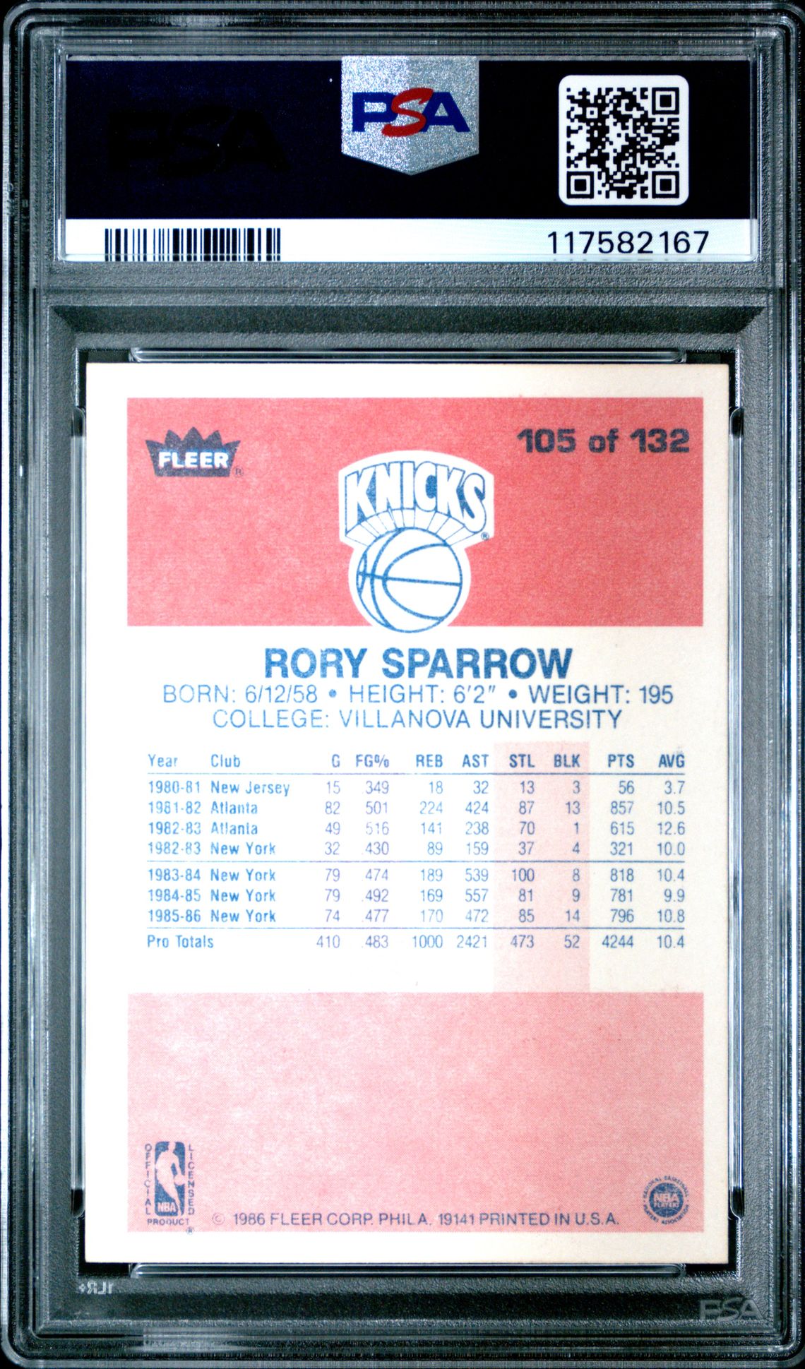 1986 Fleer Rory Sparrow #105 Nm 7 back
