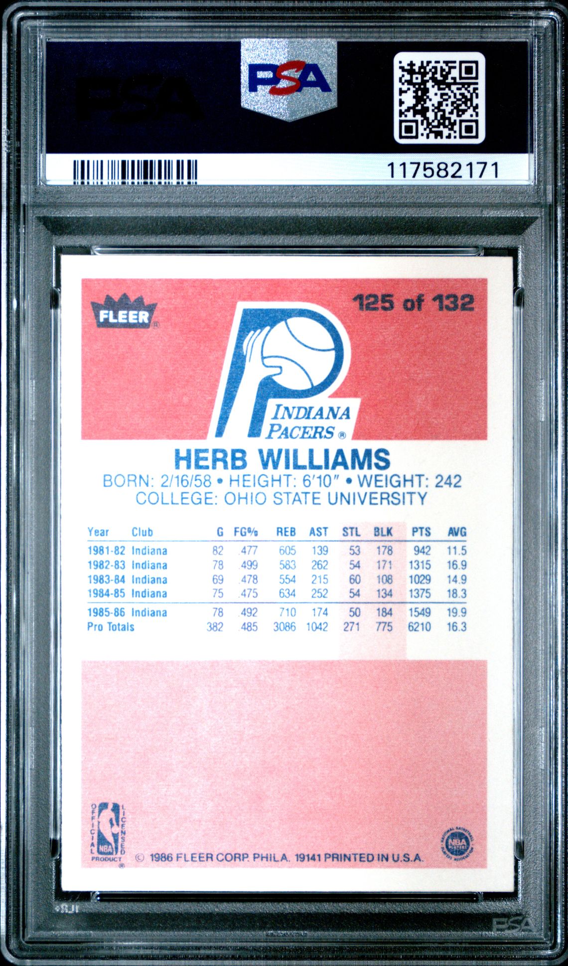 1986 Fleer Herb Williams #125 Nm 7 back