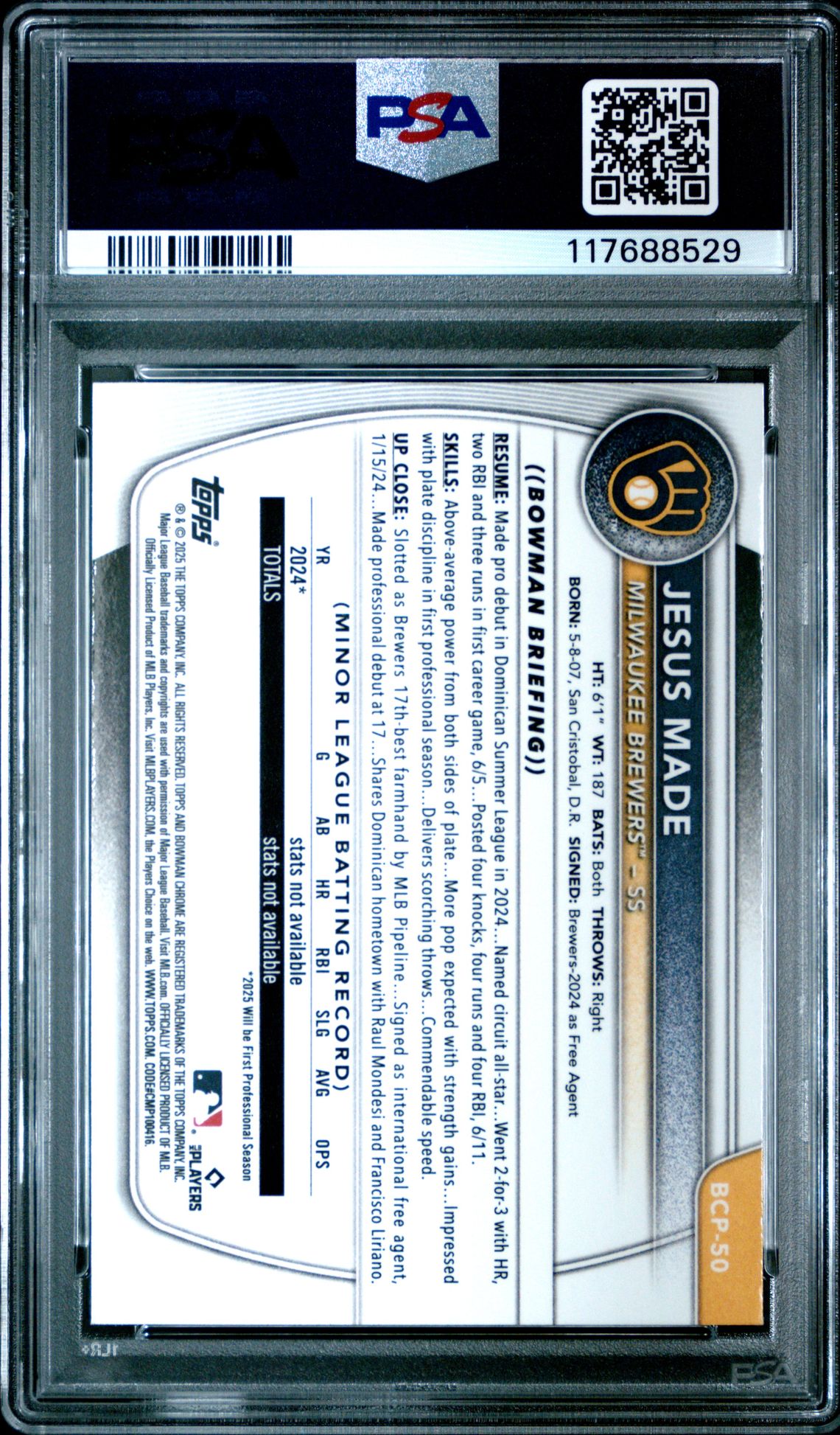 2025 Bowman Chrome Prospects Jesus Made #Bcp50 Mint 9 back