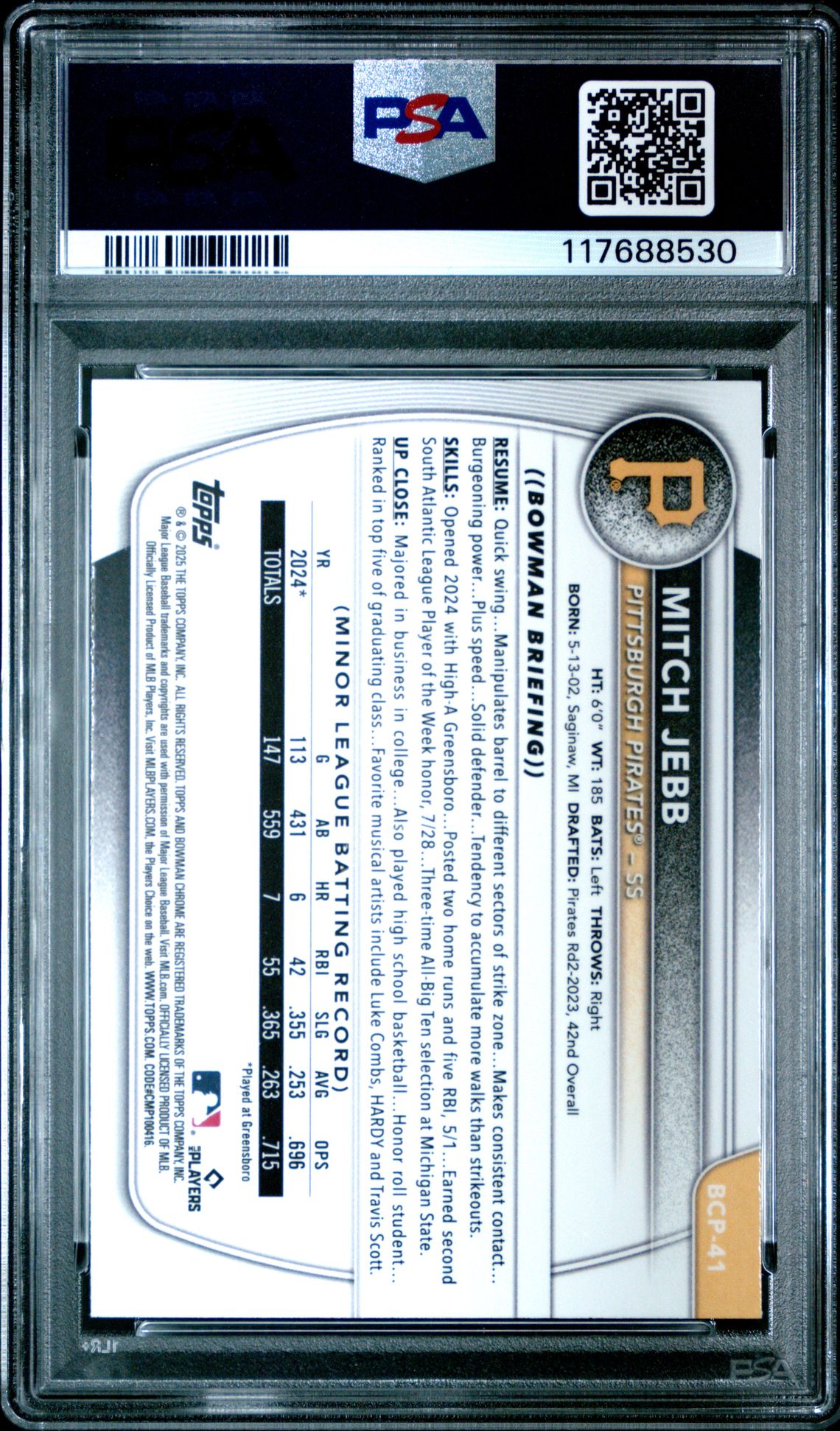 2025 Bowman Chrome Prospects Mitch Jebb #Bcp41 (Chrome Pros-Mini Diamond) Gem Mt 10 back