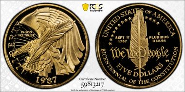 1987-W $5 Constitution PR70DCAM