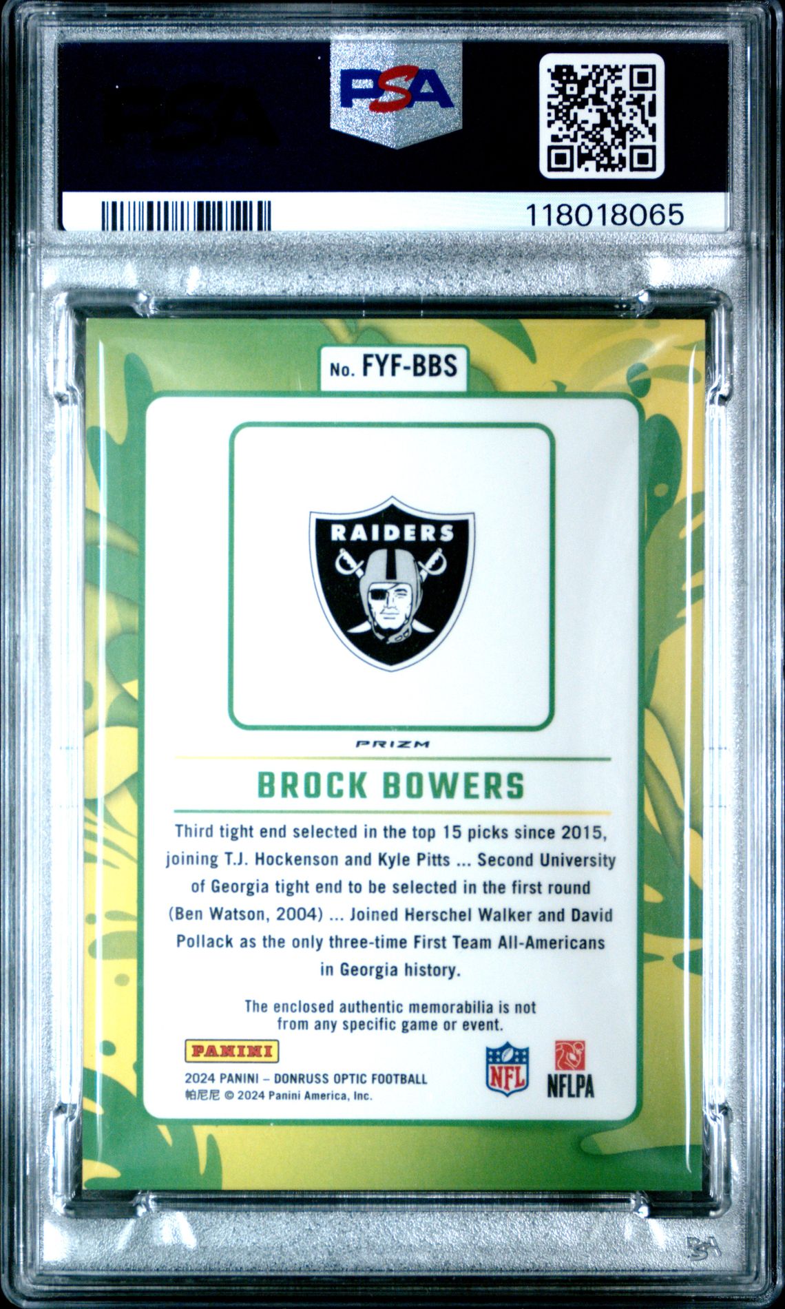 2024 Panini Donruss Optic First Year Fresh Relic Brock Bowers #Fyfbbs Mint 9 back