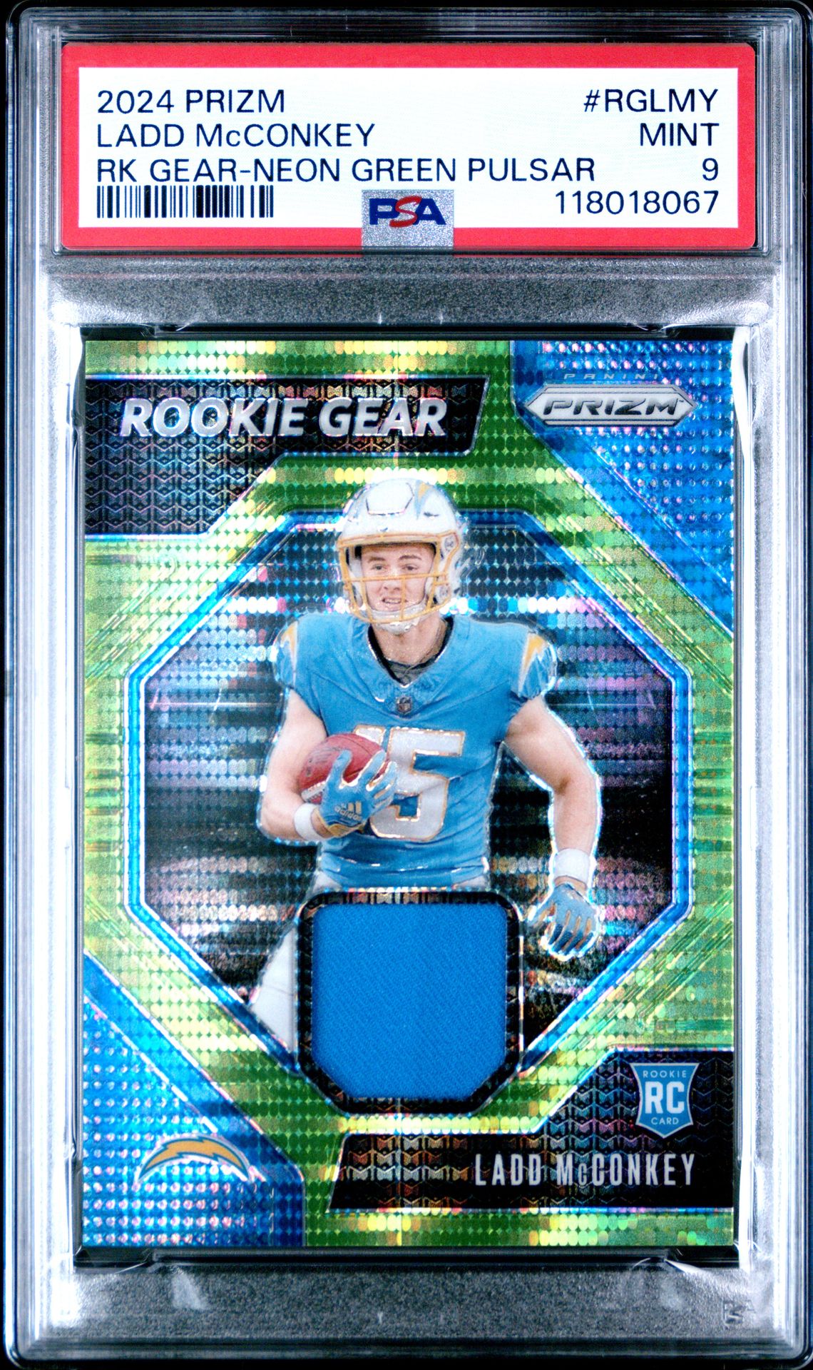2024 Panini Prizm Rookie Gear Ladd Mcconkey #Rglmy (Rk Gear-Neon Green Pulsar) Mint 9 front