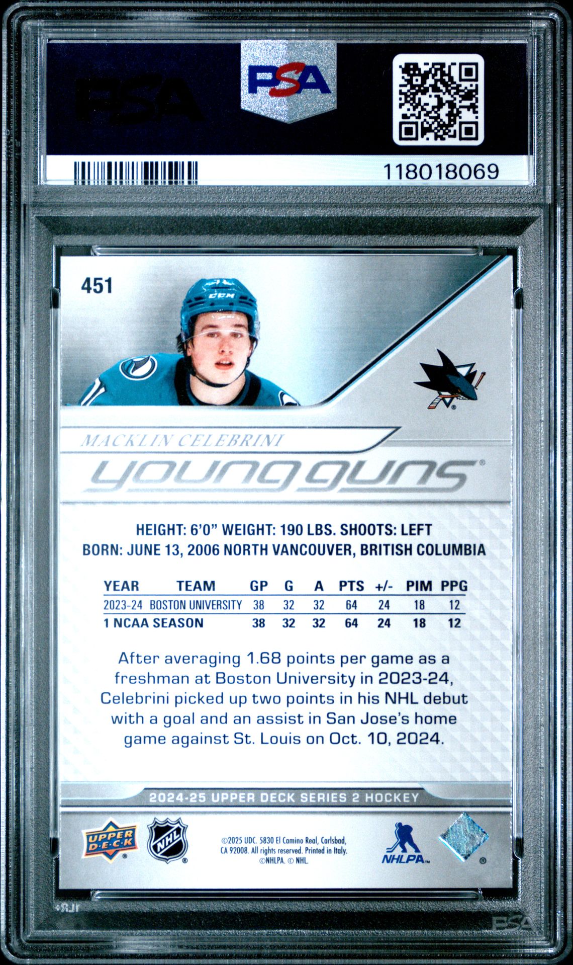 2024 Upper Deck Macklin Celebrini #451 Mint 9 back